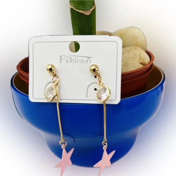 Cute & Trendy Goldplated Pink Star Charmed Dangle Drop Fashion Earrings - Picture 1 of 5